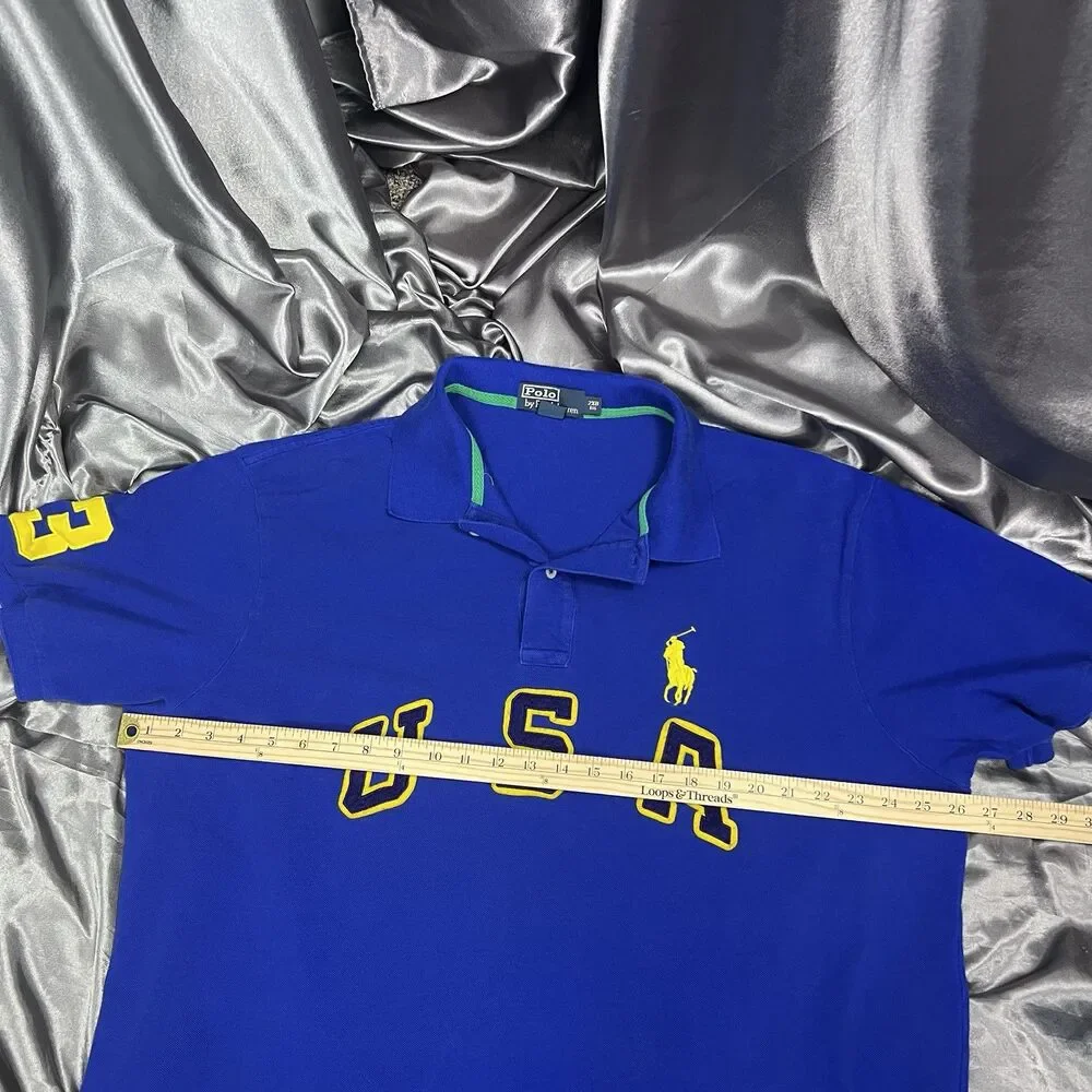VTG Polo Ralph Lauren Men’s 2XB Blue Spellout Big Pony #3 Short‎ Sleeve 90s USA